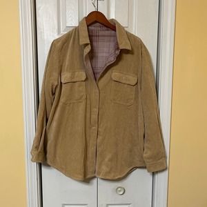 Love Tree Women's Tan Corduroy Pink Flannel Reversible Shacket Pockets XL